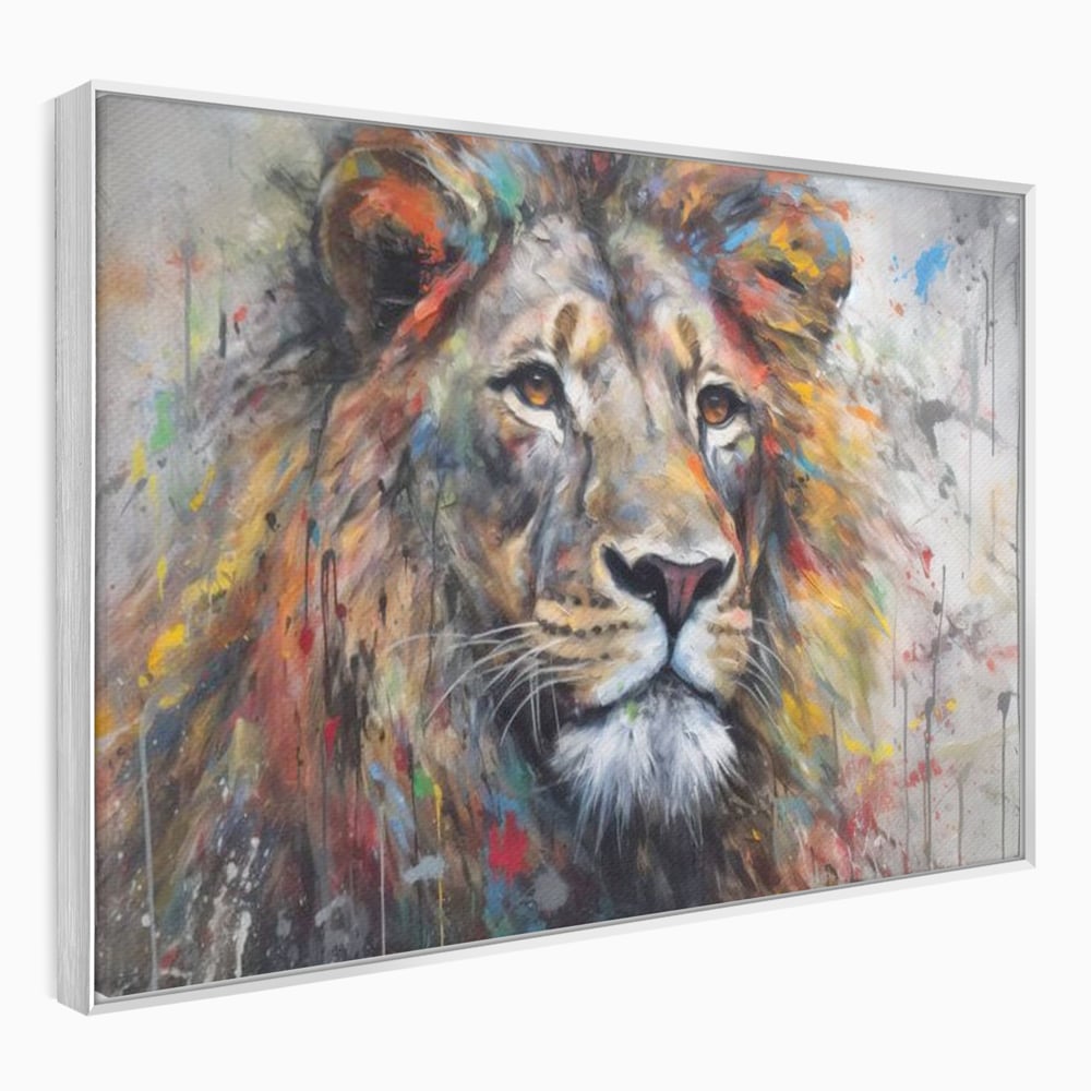 Tablou canvas cu tablou canvas cu leu colorat, in rama de aluminiu argintiu